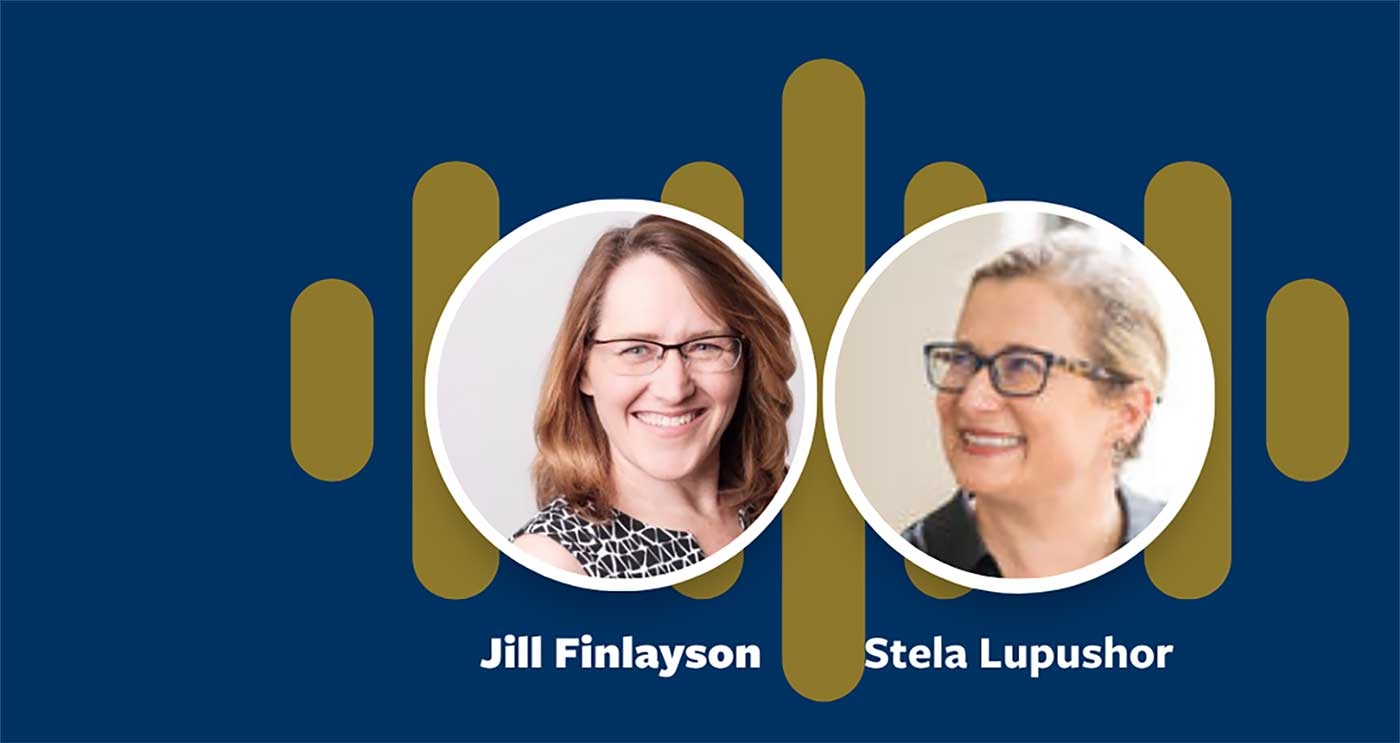 Headshots of Jill Finlayson and Stela Lupushor on blue podcast background
