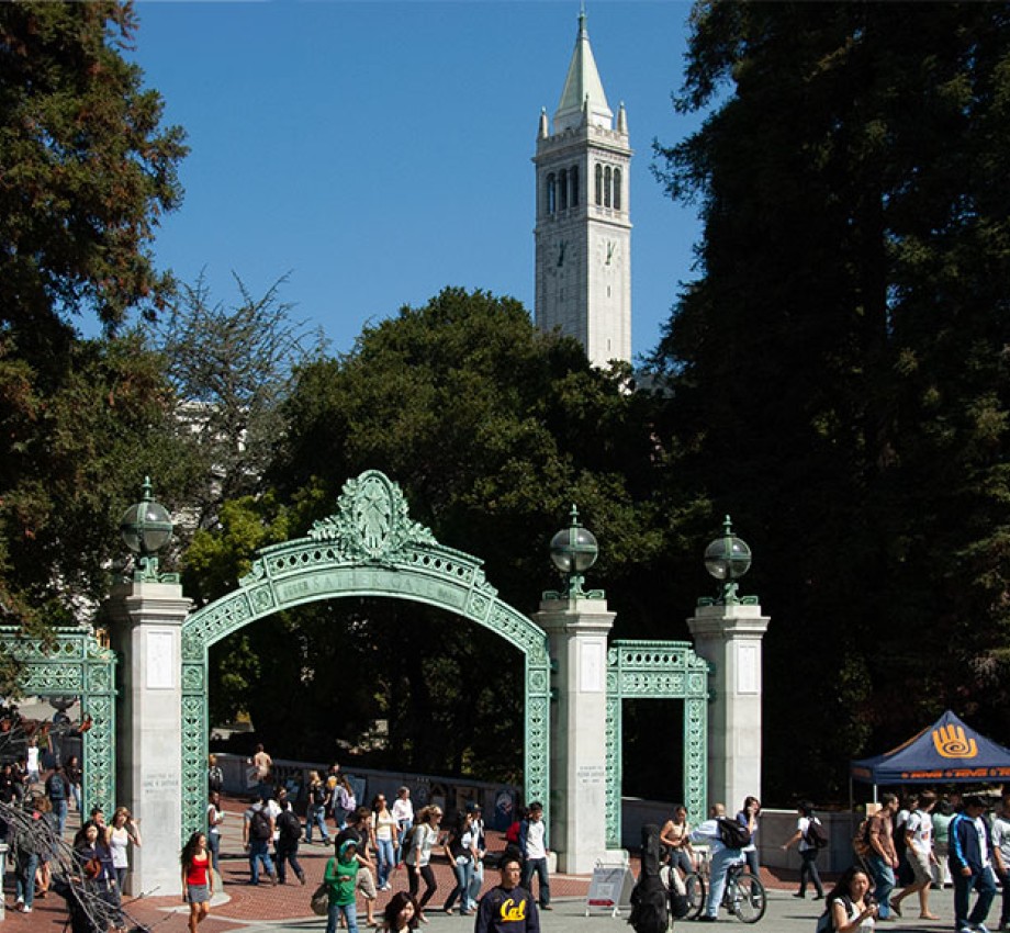 campanile and sather with students