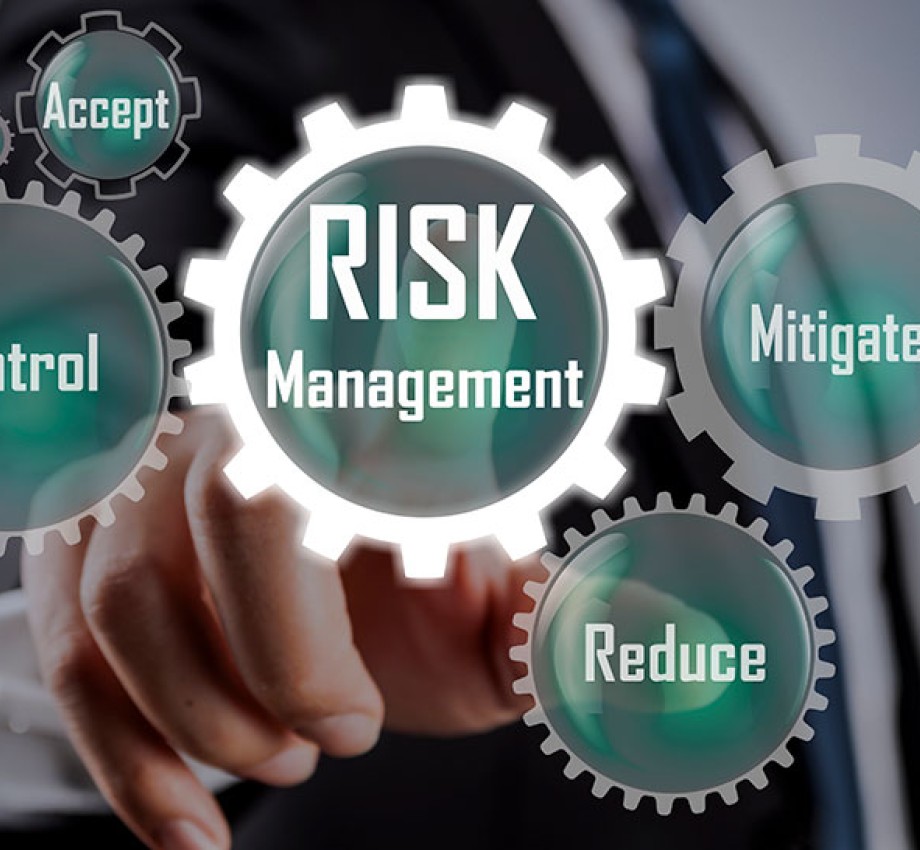 Graphical representation of risk management steps using gears labelled with Accept, Control, Mitigate, Reduce, and Avoid