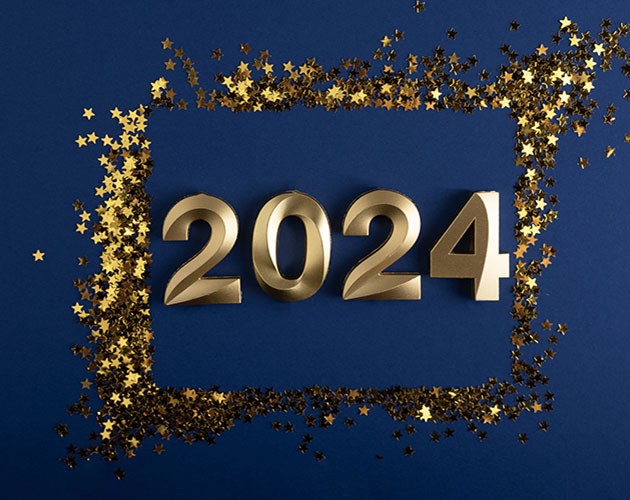 Blue background with 2024 in gold and glitter around it