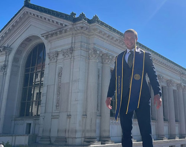 Harry Kenworthy standing in front of a UC Berkeley building