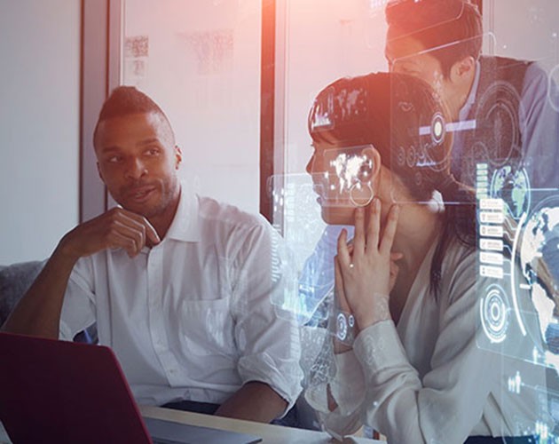 Stock illustration of data concepts overlaid on technical team discussing an issue