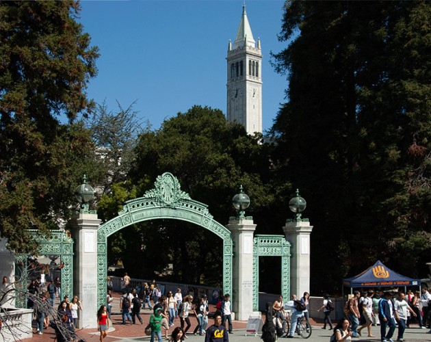 campanile and sather with students