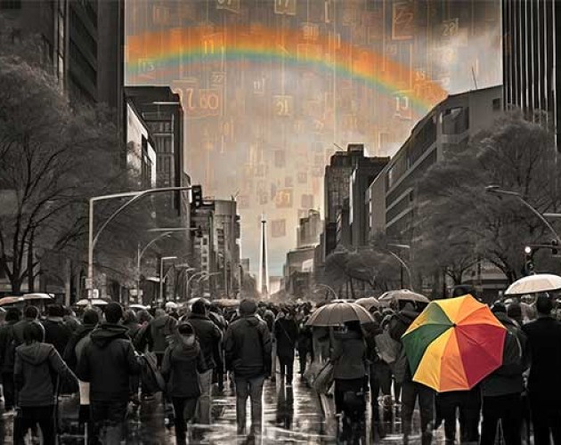 Illustration of city landscape in black and white with rainbow and umbrella in full color