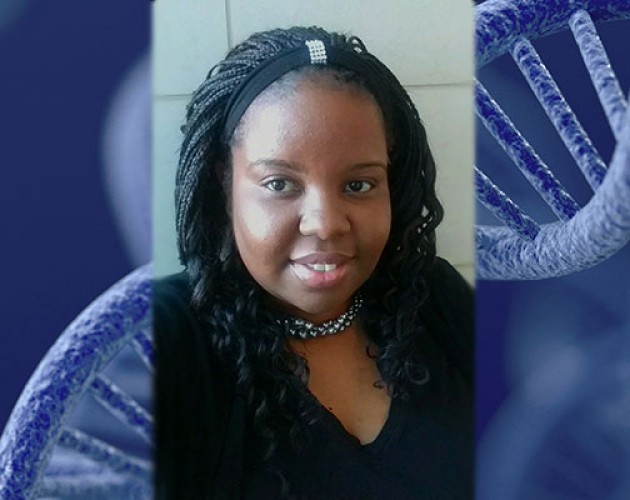 Image of instructor Sylvia Gayle on top of an image of a gene