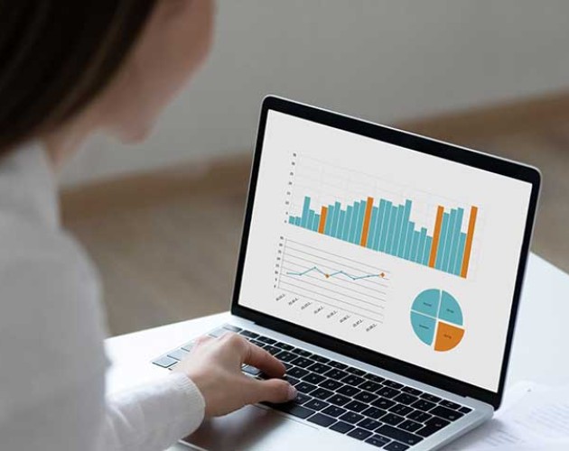 Woman working on laptop displaying business graphs