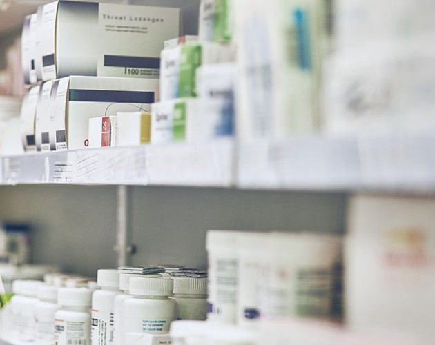 A shelf full of pharmaceutical products