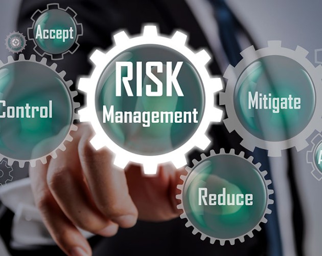 Graphical representation of risk management steps using gears labelled with Accept, Control, Mitigate, Reduce, and Avoid