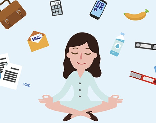 cartoon woman meditating to reduce stress