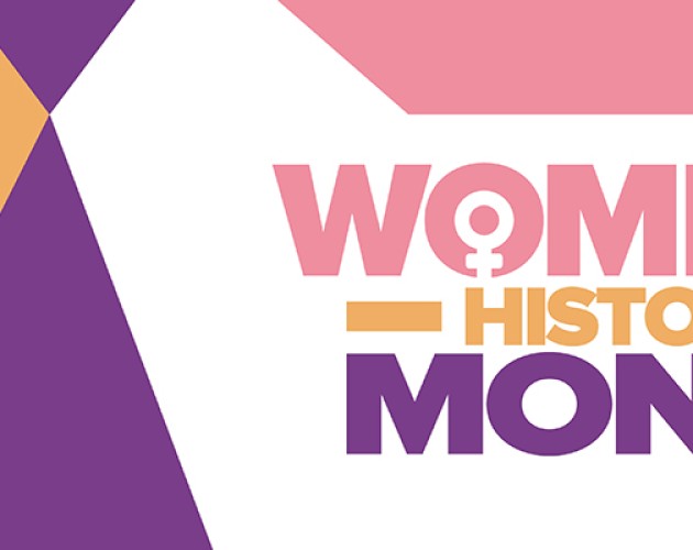 Women's History Month illustration in pink, purple and orange