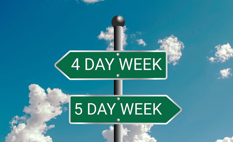 Five-day or Four-day workweek - Traffic sign with text - 4-day or 5-day work wee