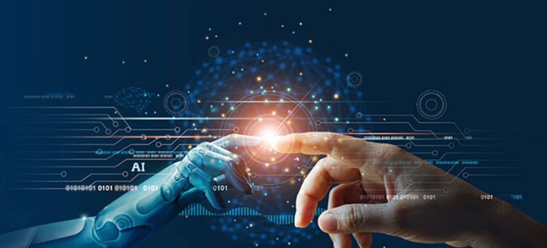 AI, Machine learning, Hands of robot and human touching on big data network connection background, Science and artificial intelligence technology, innovation and futuristic.