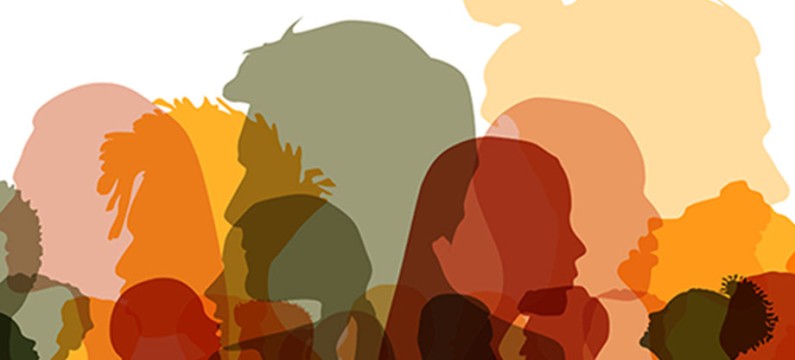 Group side silhouette men and women of different culture