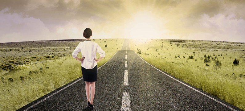 Businesswoman walk on the road to start her journey and gain bright future