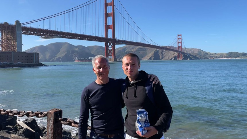 Harry Kenworthy (right) and his dad enjoying some sightseeing, including the Golden Gate Bridge