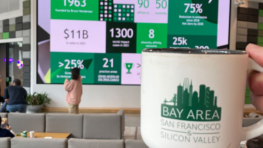 Photo of Lucas taking a photo of a Bay Area mug in front of a digital display