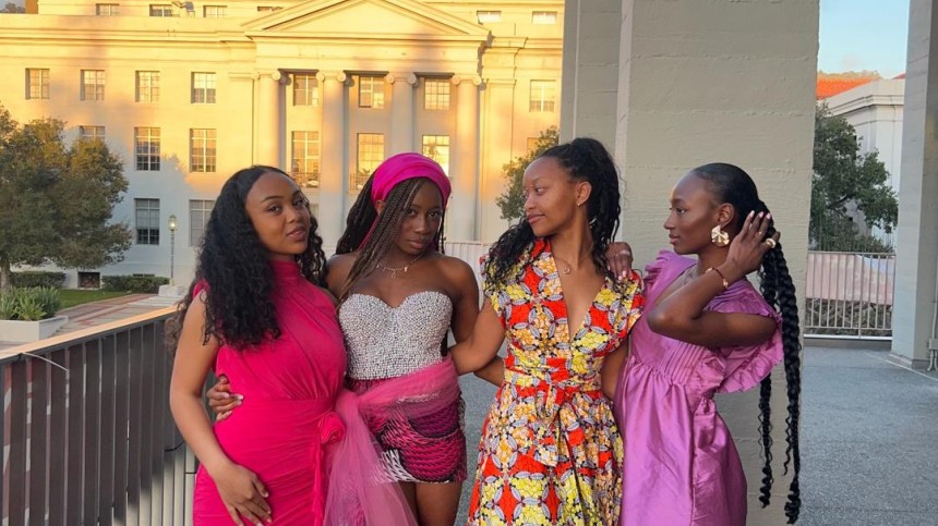 Mariane Iman Ndiaye and friends all dressed up on the Berkeley campus