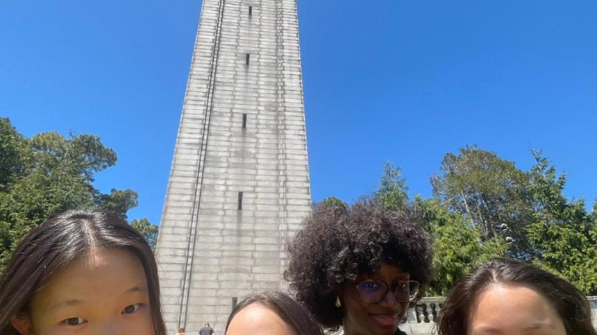 Mariane Iman Ndiaye and friends in front of the Berkeley Campanile tower