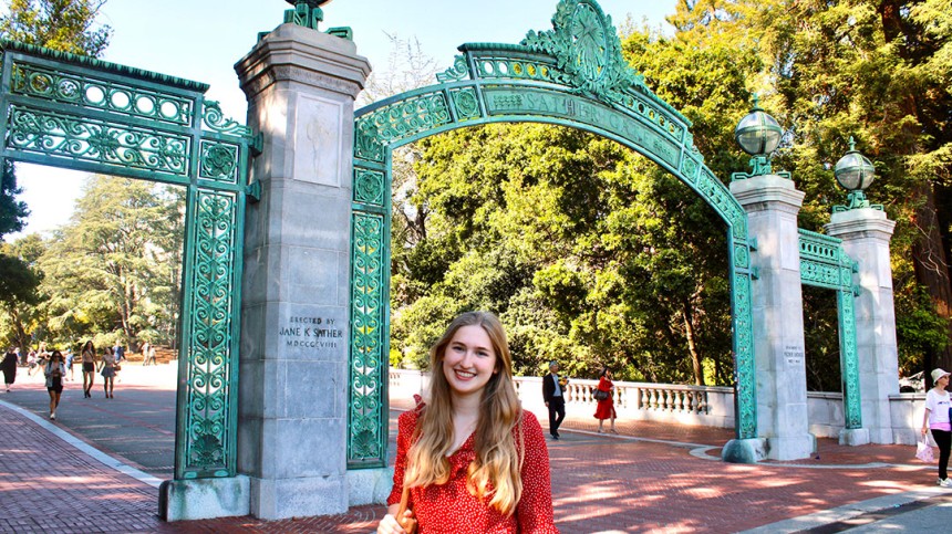 Lilly May in front of Sather Gate