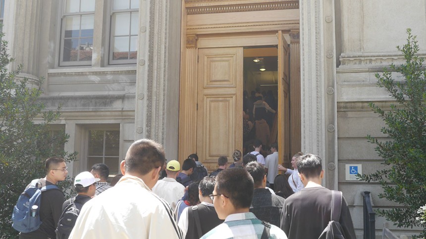 Students in front of Hearst Building