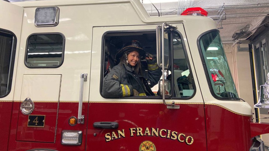 Aliona Margulis sits in a San Francisco fire engine